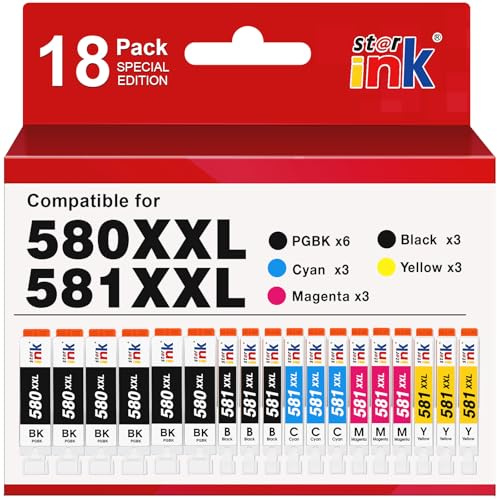 Starink PGI-580 CLI-581XXL Druckerpatronen Kompatibel für Canon 580 581 XXL Patronen Multipack für Canon Pixma TS705 TR8550 TS6150 TR7550 TS6250 TR8500 TS8251 TS6350 (PGBK/C/M/Y/BK，18er-Pack)