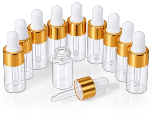 Teaaha 10 Pack Mini Pipette Dropper Bottle for Travel, 3ml Small Sample Essential Cuticle Oil Bottle with Gold Cap, Clear Empty Vails for Cosmetic Perfume