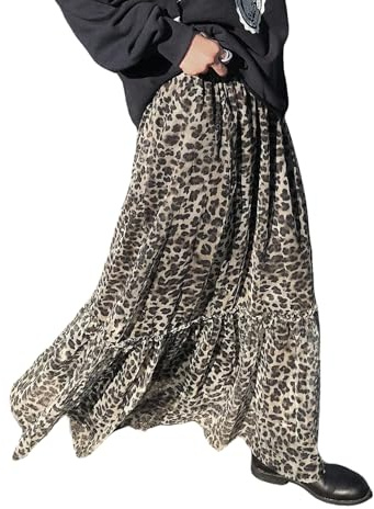 GORGLITTER Maxi Rock Damen Y2K Röcke Mit Leoparden Muster Lässig Maxirock Mit Plissee Saum Herbstrock Mit Elastischer Bund Fsetival Lange Röcke Grau L