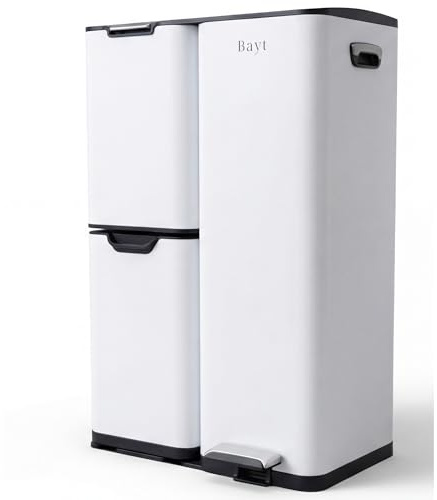 Bayt Kitchen Dustbin 60L - Trash Can 3 Compartments for Waste Separation - Stainless Steel - Recycled Trash Can (White)