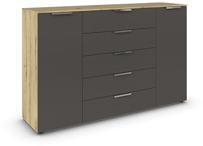 Rauch Möbel Flipp, Kommode, Farbe Graphit/Eiche Artisan, Breite 160 cm | Sideboard, 2-türig, 5 Schubladen, Soft-Close-Funktion, für Schlafzimmer, Gästezimmer, Wohnzimmer, Garderobe, Flur