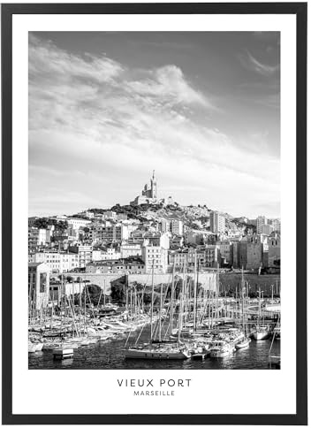 Générique Tableau Marseille - Vieux port 50 x 70 cm avec cadre en bois noir inclus - Affiche décoration noir et blanc