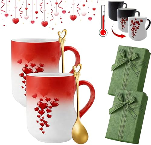 Ruileyou Lot de 2 tasses en céramique en forme de cœur avec poignée en forme de cœur avec cuillère - Changement de couleur - Cadeau romantique pour les couples (rouge)