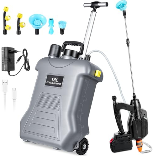 wowspeed Akku Drucksprüher 15L Elektrischer Gartenspritze Drucksprüher mit 5 Nebeldüsen, Ladegerät und Teleskopstab, Einstellbar Pflanzensprüher, Rückenspritze für Pflanzenschutz, Garten & Auto