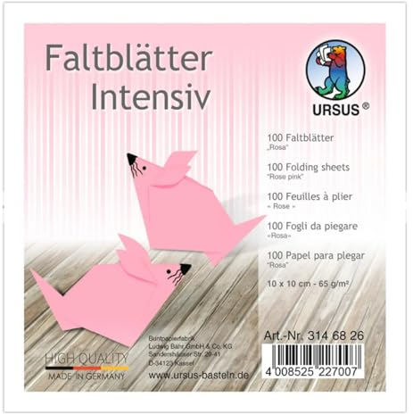 Ursus 3146826 - Faltblätter Uni intensiv, rosa, ca. 10 x 10 cm, 65 g/qm, 100 Blatt, aus Plakatpapier, durchgefärbt, für kleine und große Origami Künstler, ideal für vielseitige Bastelarbeiten