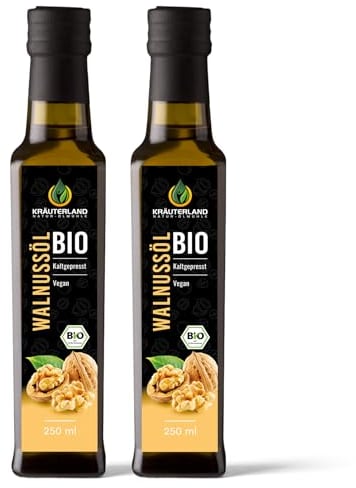 Kräuterland Bio Walnussöl 2X250ml (500ml), Walnusskernöl, nativ, kaltgepresst, glasflasche- Speiseöl zum Kochen, Backen & Salate - Nussöl in Premium Qualität