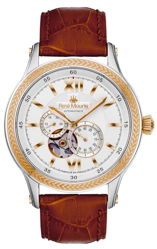 René Mouris Corona 44MM Japanische Automatikuhren für Herren – Semi-Skelett-Zifferblatt, saphirbeschichtetes Mineralglas, 100M Wasserdicht – Armbanduhr aus 316L Edelstahl mit Lederarmband