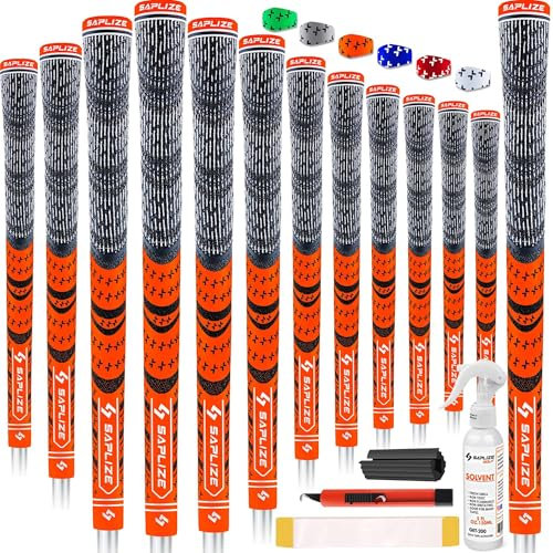 SAPLIZE Golf Grips 13 Piece with Complete Regripping Kit, Midsize, Cord Rubber, Hybrid Golf Club Grips, Fluorescent Orange