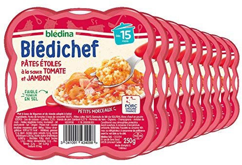 Blédina - Blédichef - Repas Bébé 15 Mois - 9 Plats Pâtes Etoiles Sauce Tomate Jambon - Petits Morceaux - Faible Teneur en Sel - Dès 15 Mois - 9 Assiettes de 250g