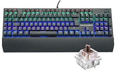 KM-Gaming K-GK2 mechanische Aluminium RGB USB Tastatur [mit Cherry MX RGB Brown Switches - taktil und leise/DE Layout QWERTZ] inkl. Handballenauflage