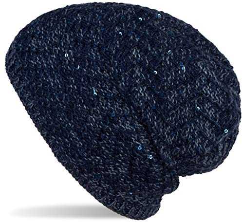 styleBREAKER Damen Strick Beanie Mütze mit Pailletten und Thermo-Fleece Futter, Winter Slouch Beanie 04024168, Farbe:Dunkelblau