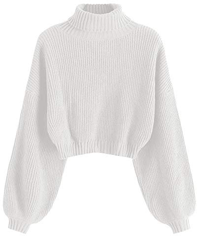 ZAFUL Elegante maglione a collo alto, da donna, a maniche lunghe, a goccia, corto, con struttura a costine per autunno e inverno, 1 bianco., S