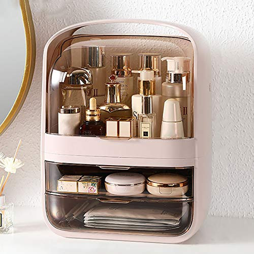 3-Tier Makeup Organiser Storage with 2 Drawers & Dustproof Cover Cosmetic Organisers Box for Countertop Bathroom Vanity, Large Capacity Skincare Beauty Jewelry Organiser Case Desk Storage Container