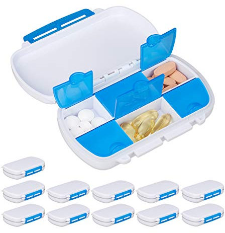 Relaxdays 12 x Tablettendose, je 6 Fächer mit extra Deckel, wasserdicht, Kunststoff BPA-frei, Reise Pillenbox, weiß/blau