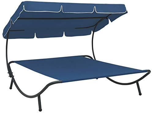 Festnight Doppelliege mit Sonnendach Sonnenliege mit Dach Gartenliege 2 Personen Sonnenbett Loungebett Relaxliege Gartenmöbel Liege Garten Blau