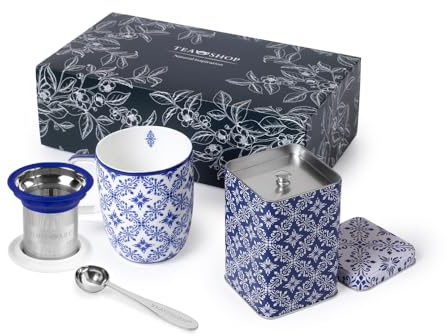 TEA SHOP - Pack Taza de porcelana con Filtro y Tapa + Lata y Cuchara medidora - Set Tea Time Azulejo - Perfecto para Regalo