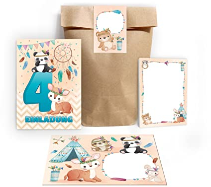 Junapack 12 Einladungskarten zum 4. Kindergeburtstag Einladung zum vierten Geburtstag Mädchen Jungen Tiere Indianer Panda Bär REH incl. 12 Umschläge, 12 Tüten/Natur, 12 Aufkleber, 12 Blöcke