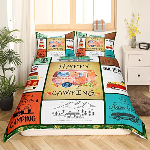 Homewish Happy Camping Bettbezug 155 x 220 cm Camper Bettwäsche Set Reise Camping Auto Bettbezug für Kinder Jungen Teenager Bergwüste Tagesdecke Wohnmobil Auto Raumdekoration 1 Kissenbezug bunt