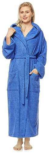 Arus Damen-Bademantel mit Kapuze, knöchellang, Baumwolle, L-XL Lang, Königsblau