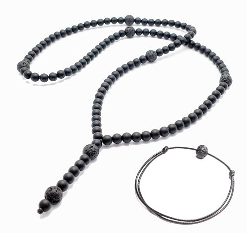 Halskette set Armband Y-Kette Rosenkranz Onyx perlen 6mm Lava 8mm für Herren Schmuck Männer Damen Frauen schwarz kette Perlenkette Buddha Amulett (70 cm)