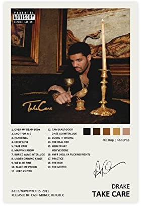 YGULC Drake Poster Take Care Music Album Cover, signiert, limitierte Auflage, Leinwand-Poster, Schlafzimmer, Dekoration, Sport, Landschaft, Büro, Raumdekoration, Geschenkrahmen: 30 x 45 cm
