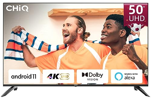 CHIQ Smart TV, 50 pollici (127 cm), 4 K UHD TV, Android 11, Dolby Vision, funziona con Alexa, Chromecast, Bluetooth, Google Assistant, Netflix, Prime Video, HDMI/USB/CI+, WiFi, Triple Tuner