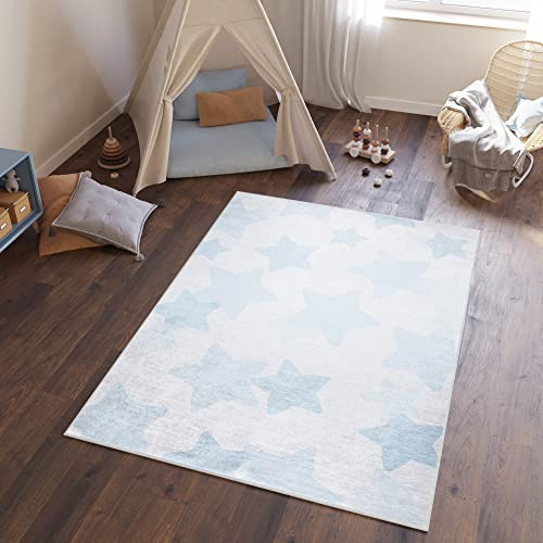 TAPISO Emma Kinderteppich Hellblau Sterne Antirutsch 80 x 150 cm | Waschbar bei 30 Grad bedruckter Kinderteppich Kinderzimmer Jugendzimmer Modern OEKO-TEX