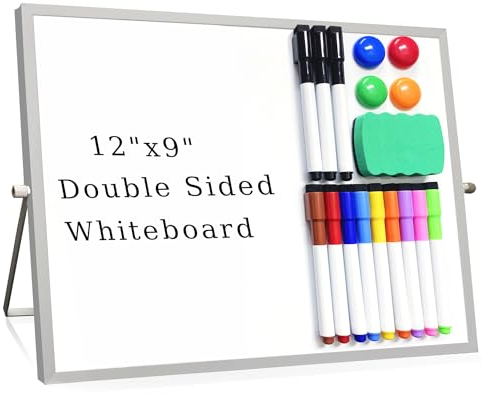Fabutier Lavagna Bianca, Piccola Lavagna a Secco, Whiteboard Bifacciale Portatile con Supporto, Include 12 Penne Colorate, 4 Magneti, 1 Gomma da Cancellare, per Bambini Studenti Uffici (30 x 23 cm)