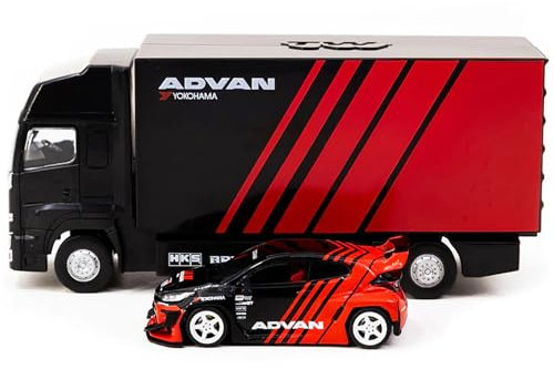 Tarmac Works Pandem Yaris RHD (Rechtslenker) rot und schwarz lackiert mit Kunststoff-Transporterverpackung 1/64 Druckguss Modellauto T64-080-ADV