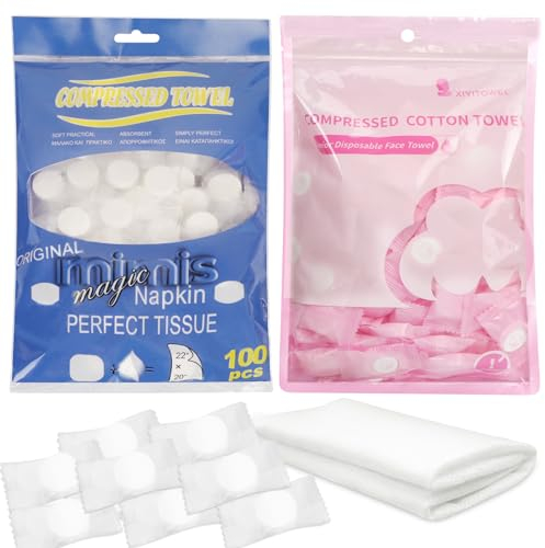 Simpolor 100/200 Stück komprimierte Handtücher tragbare Einweg Mini komprimierte Toilettenpapier Tabletten Haushaltshandtücher für Reisen Camping Wandern Sport Schönheitssalon,Blau+Rosa