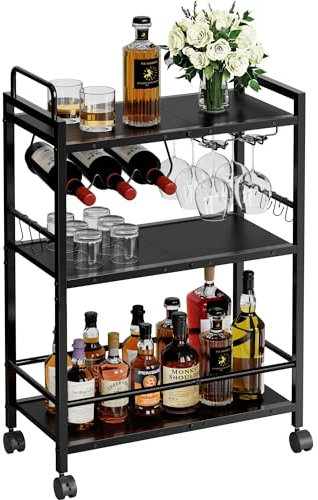 Home Bar Serving Cart, Serving Cart with Wheels and Handle, 3 Tier Rolling Kitchen Cart, Microwave Cart, Beverage Cart with Wine Holder and Glass Holders, for Dinning Room, Living Room, Black