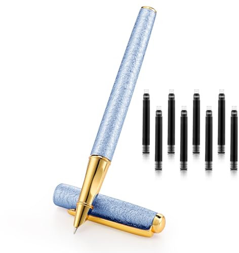 Amabro Luxury Fountain Pen Set, 0.5mm Fancy pens Smooth Writing Fine Nib Pen with 8 Ink CartridgesPen Nice pens Executive Office Pen Best Gift for Men Women(Blue)