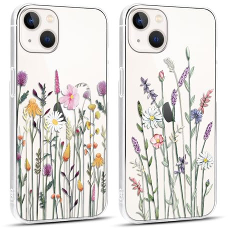 Xylota 2 Pièces Coque pour iPhone 13 mini 5,4,Transparente Étui avec Aesthetic Motif Fleur, Mince TPU Souple Silicone Housse Clair Antichoc Protection Filles Femmes Case Cover pour iPhone 13 mini, 12