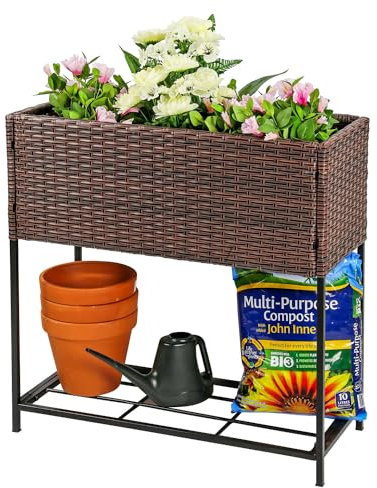 Taylor & Brown Raised Garden Bed 2 Tier Rattan Wicker Plant Raised Bed Garden Elevated Planter Box with Tool Storage Shelf for Vegetable Flowers Herbs Fruits - 70cm (H) x 70cm (W) x 30.5cm (D)