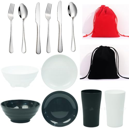 Ustensiles de camping, assiettes et bols de camping, ensemble d'ustensiles de cuisine de camping, assiettes de service légères, ensemble de couverts, tasses, bols, fourchettes, vaisselle Loopunk