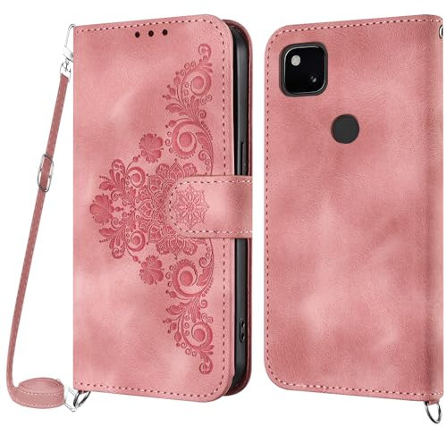 Netany Handykette Hülle für Google Pixel 4A, Handyhülle für Google 4A Hülle mit Kette Klappbar, PU Leder Necklace Klapphülle und Umhängeband Lanyard Flip Stoßfest Schutzhülle mit Band (Rosa)
