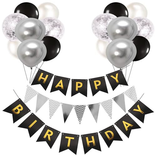 Luftballons Geburtstag Dekoration Set, Schwarz Silber Geburtstagsdeko Happy Birthday deko Banner Party Deko Geburtstag Set mit Luftballons Konfetti Ballons Dreiecksflaggen Girlanden(BK+SR+PT)