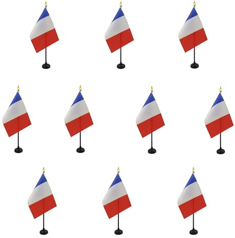 AZ FLAG - Lot de 10 Mini Drapeau France De Table - 15x10 cm - 10 Drapeaux Français De Bureau 100% Polyester Avec Hampe Point Dorée