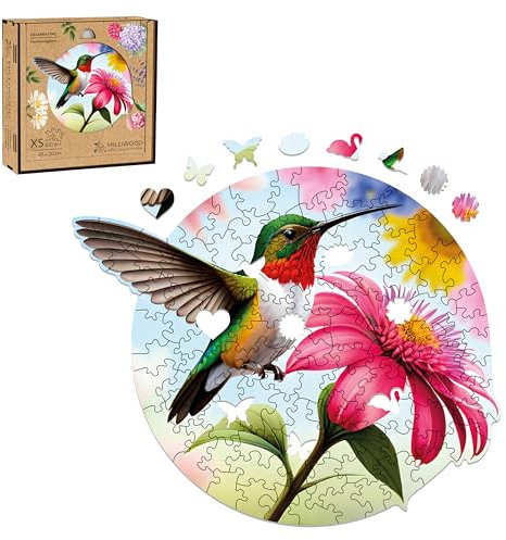 Milliwood Holzpuzzle für die ganze Familie - Celebrating Series - Holzpuzzle mit fesselndem Bild - einzigartiges Design - Kolibri 24x20cm - 100 Teile - 8 besondere Teile