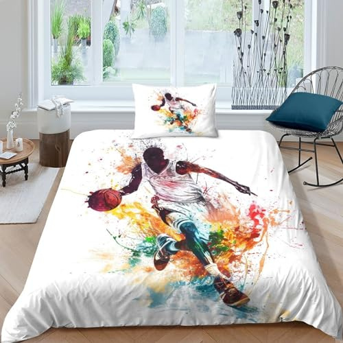 YKSDLFDUI Basketball Bettbezug Bettwäsche Set Kinderbettwäsche-Set Reißverschluss Mit Kissenbezug Betten Set Für Jugendliche Kinder Schlafzimmer Single（135x200cm）