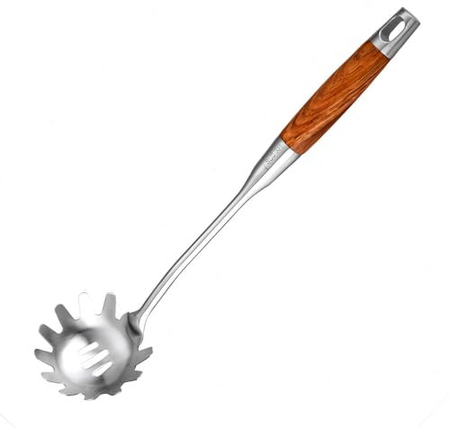 YENXIKU Cucchiaio per spaghetti in acciaio inox, cucchiaio per pasta in metallo con denti, forchetta per pasta, cucchiaio per spaghetti con manico in legno, accessori da cucina, server per pasta da