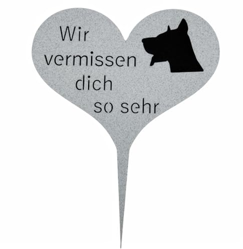 Radami Grabstecker Grabschild auf Stab | mit Inschrift Wir vermissen Dich so sehr Kunststoff Grabschmuck | Grabdekoration Trauerherz Herz Spruch für Grab Tiergrab Hund