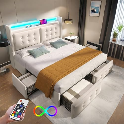 Cama de Matrimonio 140 x 200 cm Con LED, USB C y 4 Cajones - Estructura Con Contenedor, Acolchada Beige (Sin Colchón)