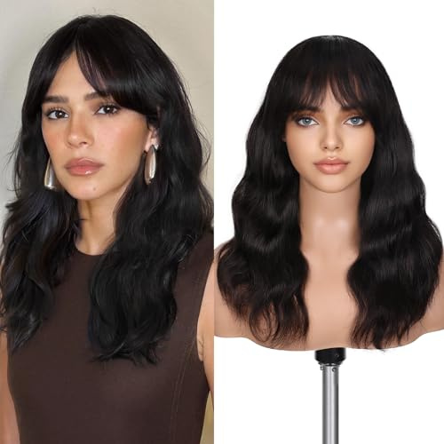 FAVE Perruque Cheveux Naturels 40 cm - Frange Intégrée, Dentelle HD 1x3 Sans Colle, Pour Débutantes, Ondulations Naturelles (Teint Naturel)