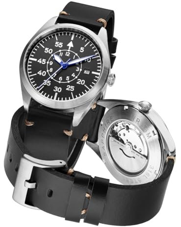 Boyarca Pilotenuhr Herren Flieger Armbanduhr Japan Automatikwerk Mechanische Uhren Edelstahlgehäuse Nylon Canvas Band Flieger Uhren mit Leuchtend Wasserdicht, Schwarz (B)