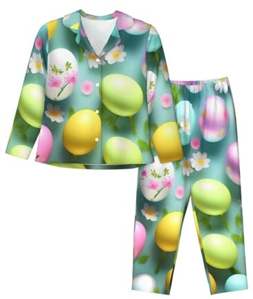 CHUNMINW Damen-Pyjama-Set mit Aufschrift Happy Easter, langärmelig, Loungewear, Nachtwäsche mit Taschen, 2-teilig, Schwarz, X-Large-3X-Large