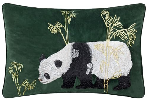 Paoletti Chuan Tranquil Panda Velvet Polyester Filled Cushion - Emerald - 40x60cm