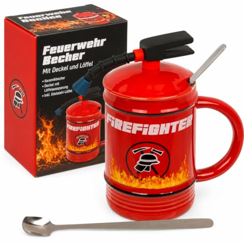 MIJOMA Firefighter Becher mit Feuerlöscher-Applikation – Keramik Kaffeebecher, 450 ml, inkl. Deckel und Löffel – Teetasse mit Deckel für langanhaltende Wärme