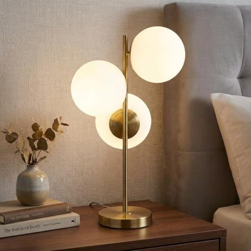 B·LED BARCELONA LED Tischlampe ROM mit dreifacher Opalglas-Kugel Ø15 cm, modernes Design aus gold, E27-Leuchtmitteln, ideal für Wohnzimmer, Schlafzimmer, Büro, Schreibtisch, Nachttisch stilvolle