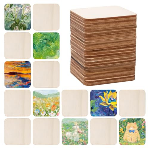 Rebanky 100 Stück 7x7cm Quadratische Holzscheiben Quadrate Holzscheiben zum Basteln 2,5mm Dicke, Blanko Holzquadrate Lasergravur, Bemalen Für DIY Untersetzer, Hochzeitsdeko & Modellbau